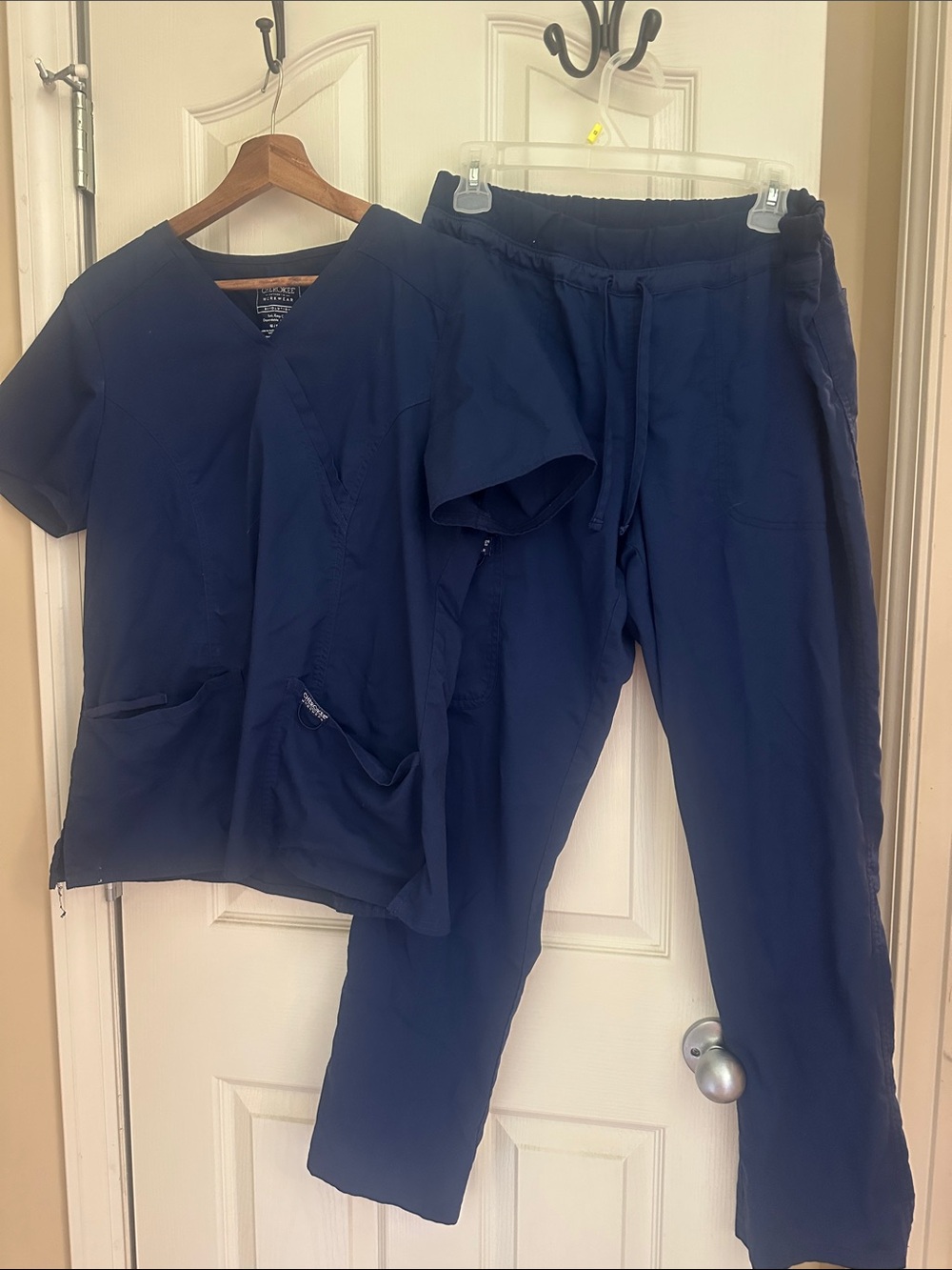 Cherokee Navy Medical Scrub Top and Drawstring Pants Set